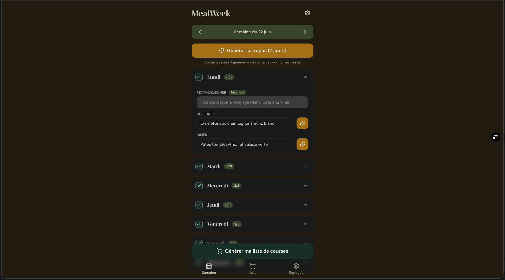 Aperçu du projet MealWeek